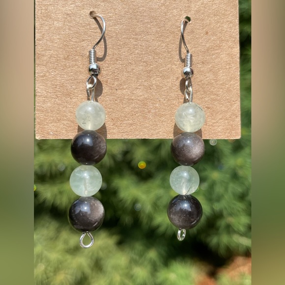 Prehnite & Silver Sheen Obsidian Earrings Crystal Handmade Jewelry - Picture 4 of 4